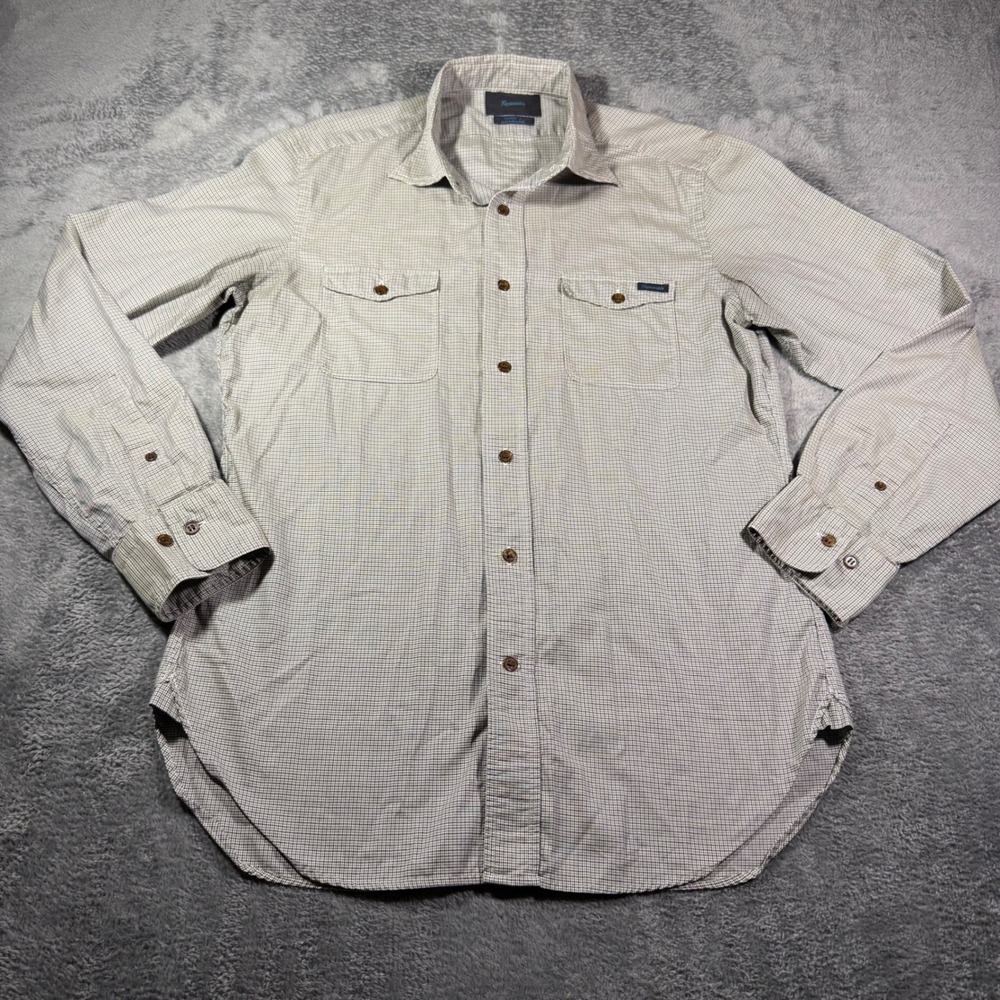 Faconnable Mens Large Cotton Micro Check Button Down Shirt Long Sleeve Tan Green